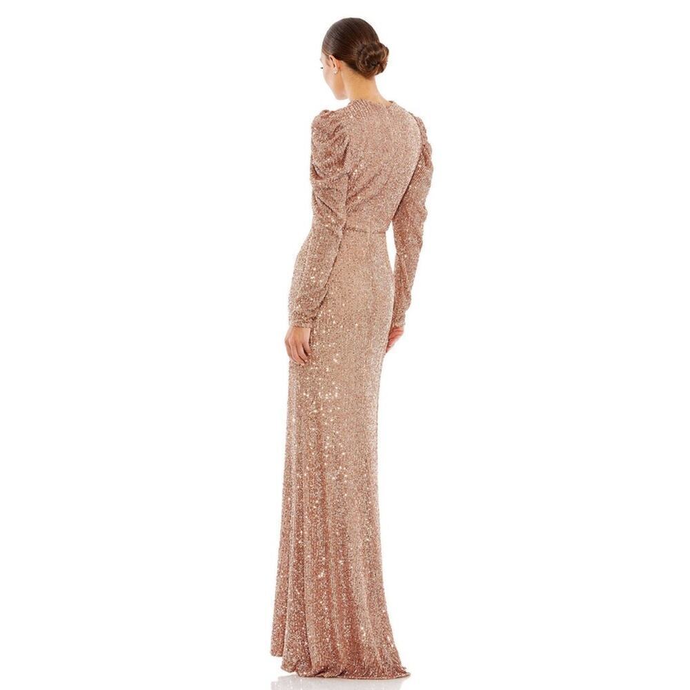 Mac Duggal SEQUINED HIGH NECK PUFF LONG SLEEVE COLUMN GOWN Gold 8 - Picture 5 of 7